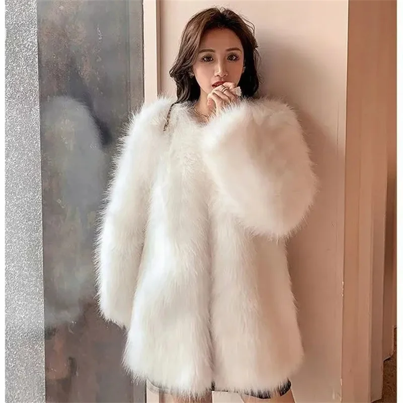 2025 Ladies Fashion Long Sleeved Fur Jacket Korean Women V-neck Plush Top Spring Autumn Female High-end Mid-length Faux Fur Coat