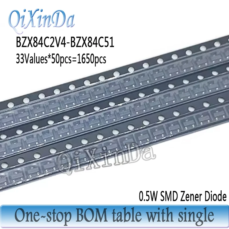 33 Valores 0.5W SMD Zener Diodo Sortido Kit BZX84C2V4-BZX84C51 0.35W SOT-23 BZX84C5V1 BZX84C15 BZX84C22 BZX84C39 BZX84C47