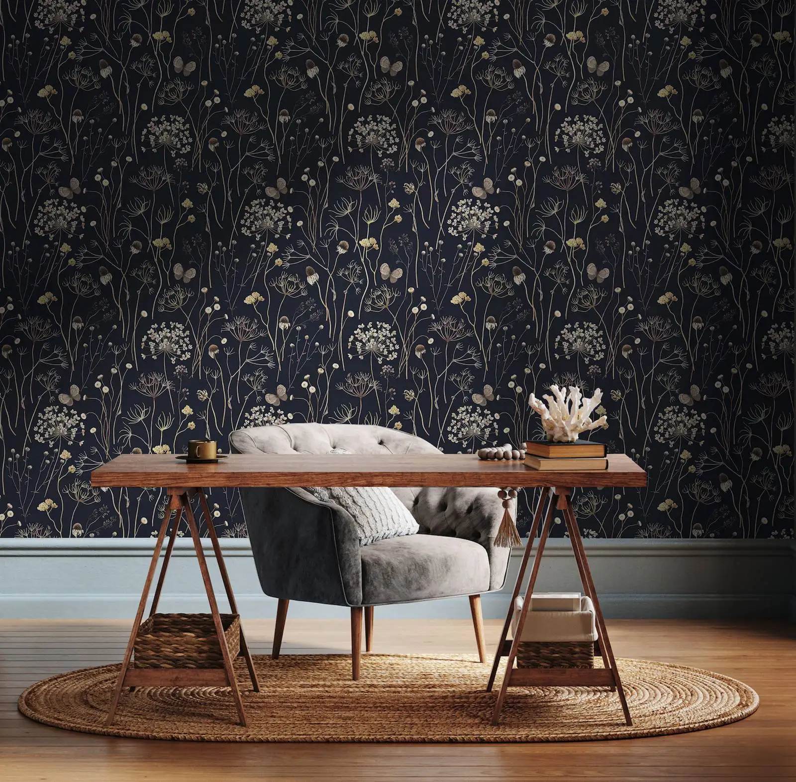 Dark Garden Wallpaper, Floral Wall Art, Peel and Stick Removable Wallpaper, Navy Background, Whimsical Wallpaper,Dark Home Decor