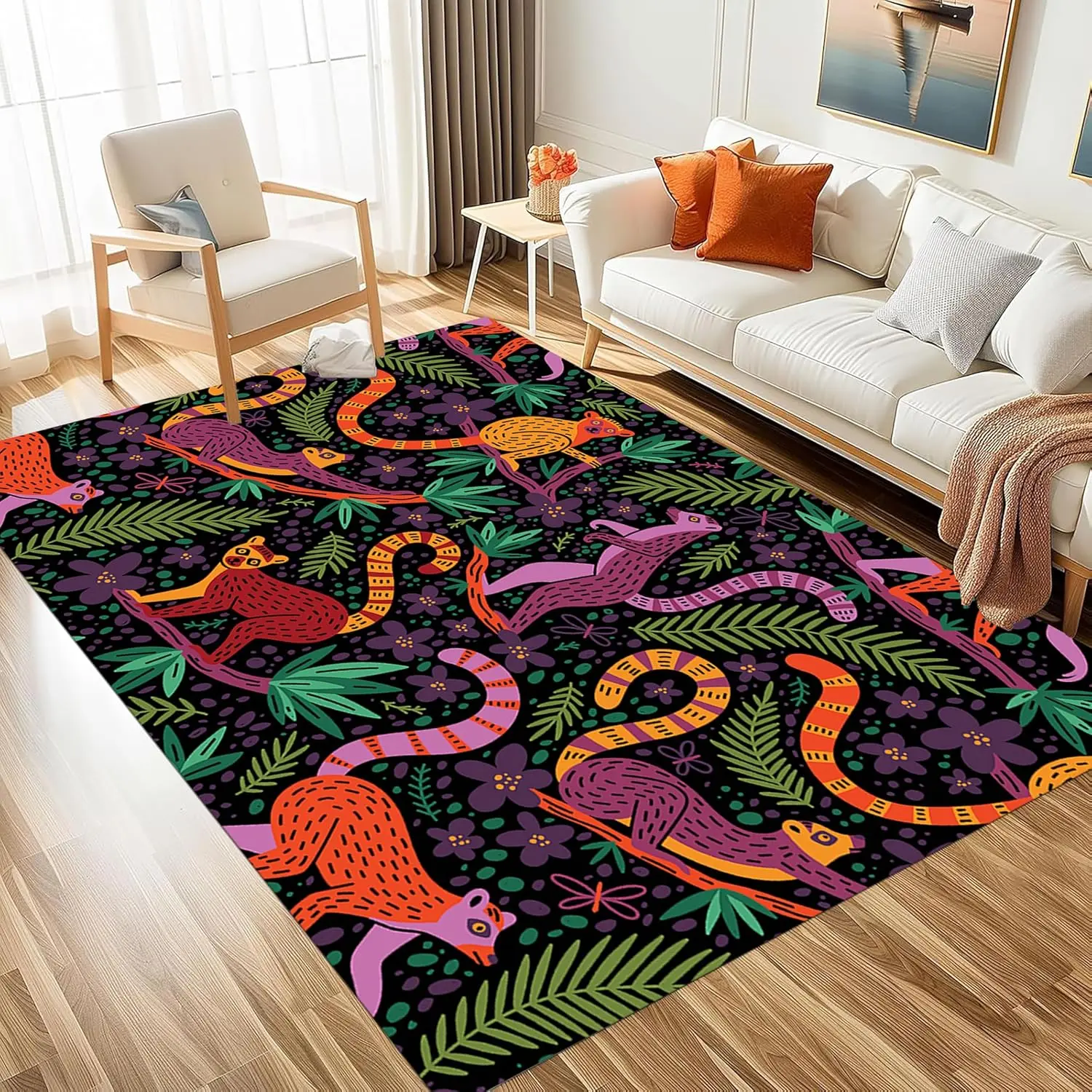 Jungle Animal Print Area Rug for Living Room,Machine Washable Boho Rhesus Monkey Rugs,Vintage Floral Animal Non Slip Kitchen Mat