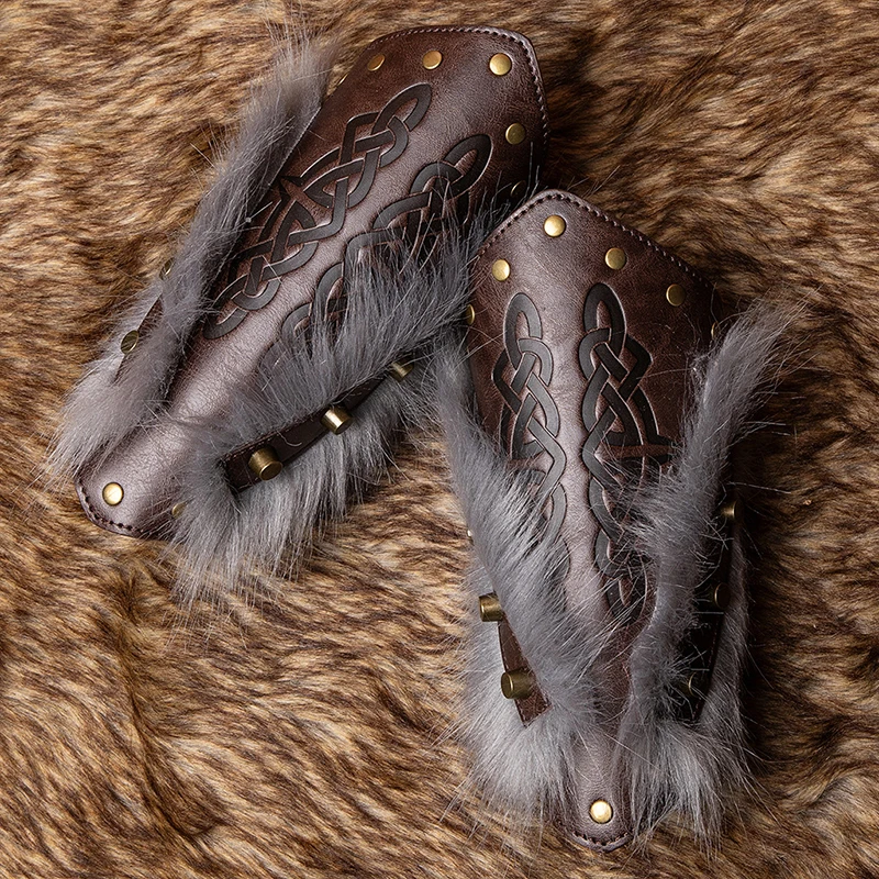 Medieval Fur PU Leather Gloves Wristband Retro Embossed Arm Bracers Punk Bracer Wrist Guards For Halloween Warrior Knight Props
