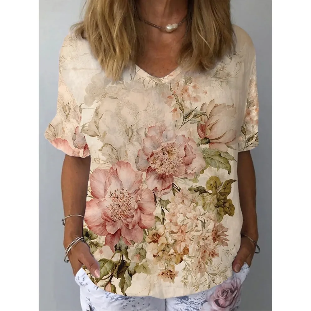 

Женские модные футболки с цветочной графикой, модные топы с короткими рукавами и v-образным вырезом, повседневные футболки с принтами, лето 2021, повседневные топы Y2K