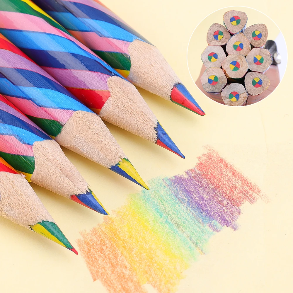 Wooden Rainbow Colors Pencil Kid School Graffiti Drawing Painting Colored Pencils Hexagonal Triangular Wood Writing Pens