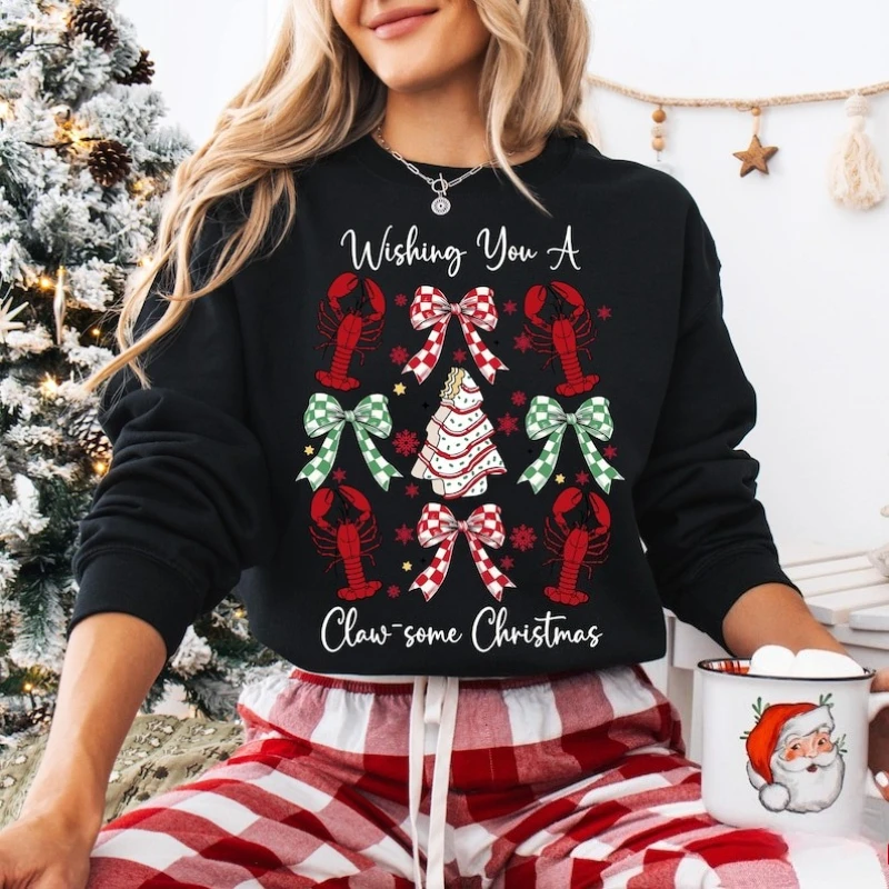 Garra de langosta, suéter navideño feo para mujer, divertido cuello redondo, manga larga, moda informal, Tops térmicos con capucha para otoño e invierno