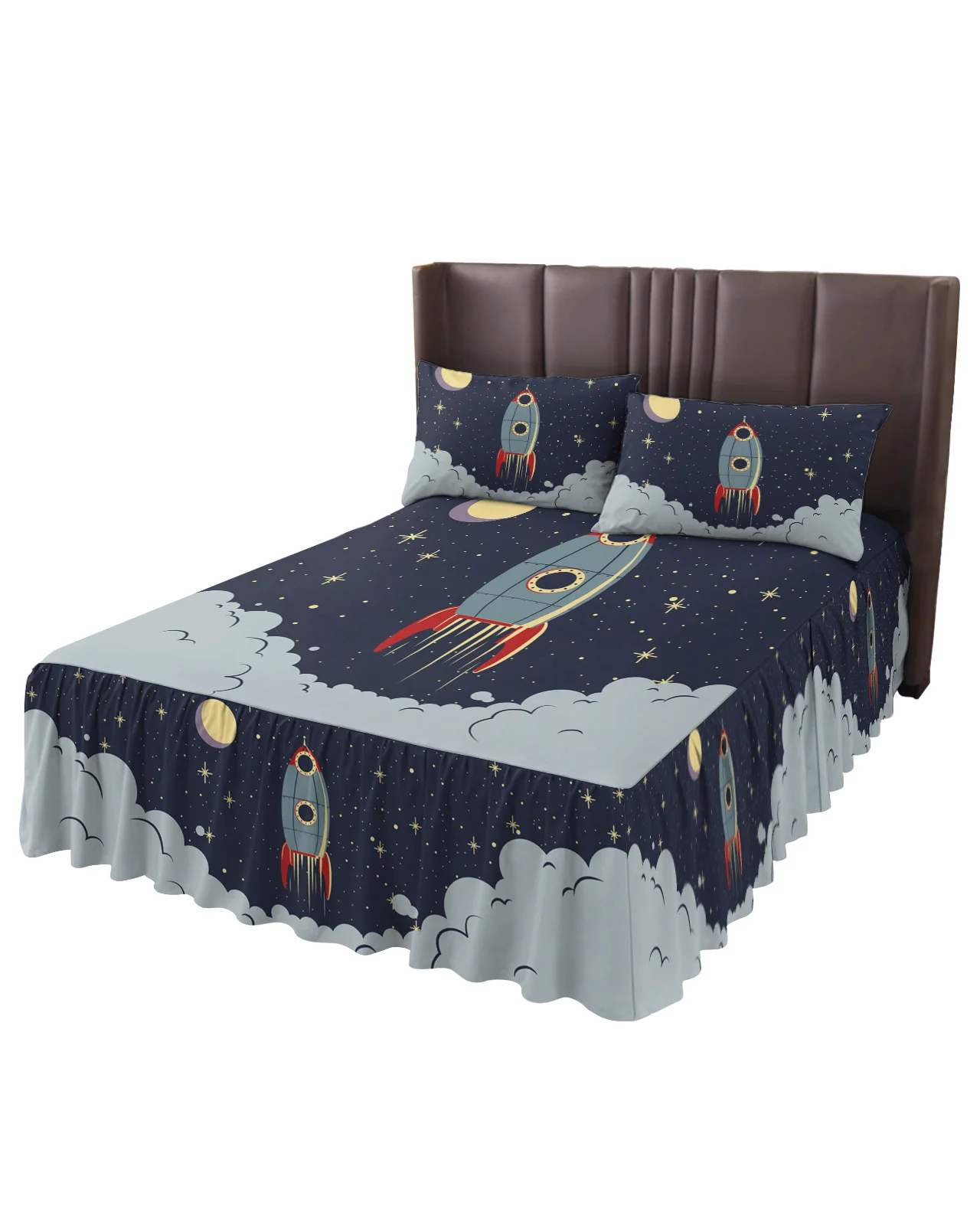 Space Spaceship Rocket Bed Skirt Elastic Fitted Bedspread With Pillowcases Bed Protector Mattress Cover Bedding Set Bed Sheet