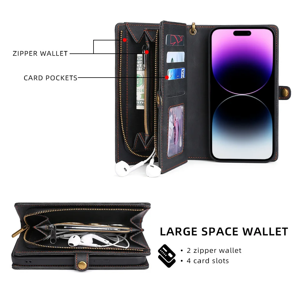 Luxury Leather Zipper Wallet Card Slot Phone Case for iPhone 16 15 14 13 12 11 Pro XS Max XR X 8 7 Plus Flip Purse Stand Cover