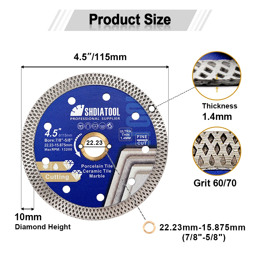 Imagem -03 - Shdiatool Peças 115 mm Disco de Corte de Diamante Malha Superfina Lâmina Turbo Telha Pedra de Mármore Cerâmica Serra Circular Cortador de Telha de 4.5 Polegadas