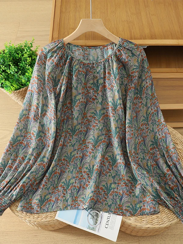 Retro Print Breathable Dry Simple Long Sleeve round Neck T-Shirt Large Size Women's Casual Top Comfortable Cotton Lyocell Fiber