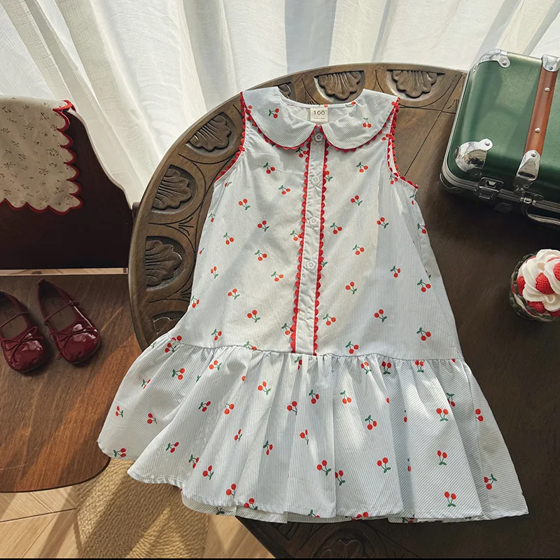 

Party Dress French Style Doll Collar Ruffle Color Block Girls Summer Dress Cherry Print Elegant Children Vest Dress