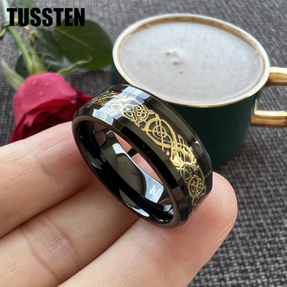 TUSSTEN-Anillo de dragón de 8MM para hombres y mujeres, banda de boda de tungsteno, bordes pulidos biselados, joyería clásica, envío directo