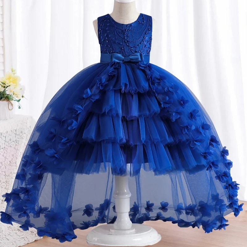 Girls\' Formal Evening Sleeveless Trailing  Princess Dress girls pearl bow fluffy mesh skirt banquet host costumes 5-14 years old