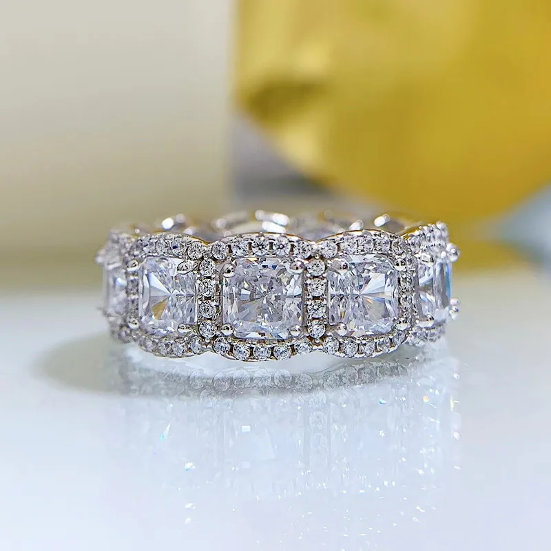 2022 New Simulation High Carbon Diamond 5*5 Radiant Cut S925 Sterling Silver Luxury Surrounding Ring