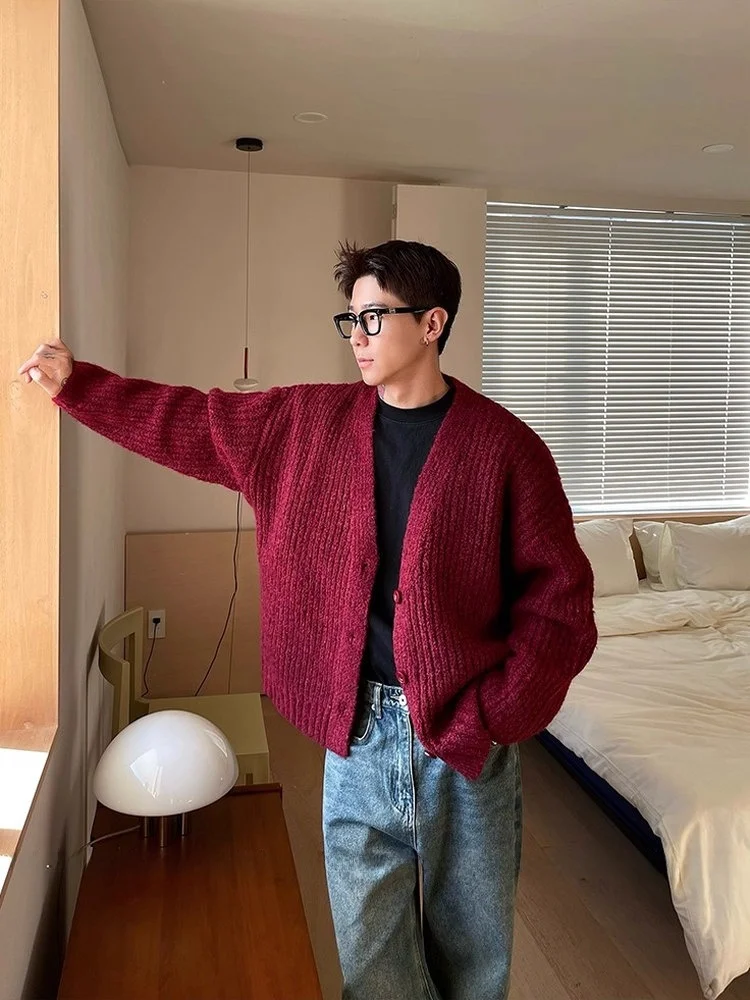 

OXFREAK Red Dragon Year Aosphere Розовый открытый кардиган с v-образным вырезом, вязаный свитер для мужчин, осень-зима, свободный крой для пар, повседневный Sl...