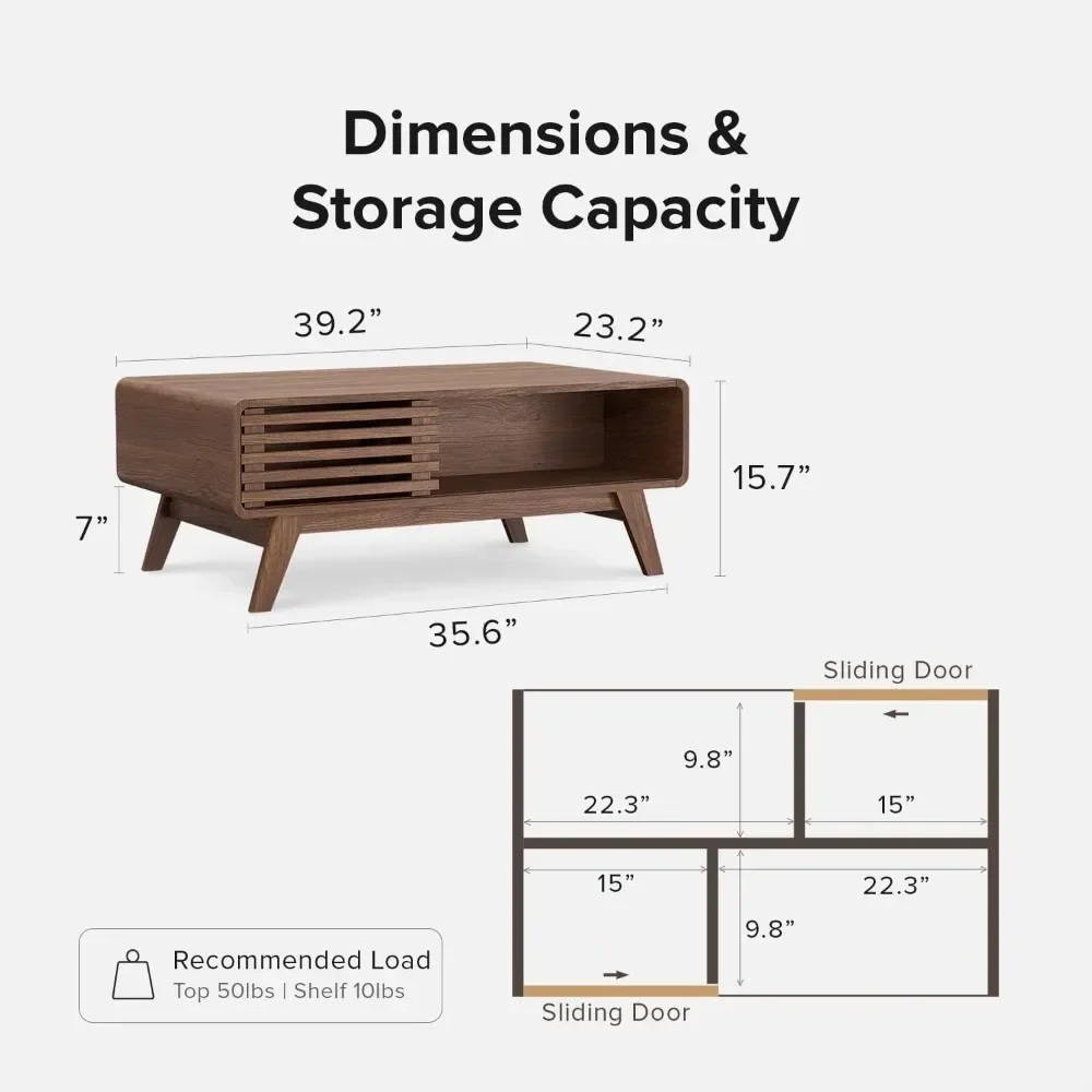 Coffee Table, Mid Century Modern Table with Storage, Farmhouse Wood Coffee Table for Living Room Fluted, Curve Round Edges Table