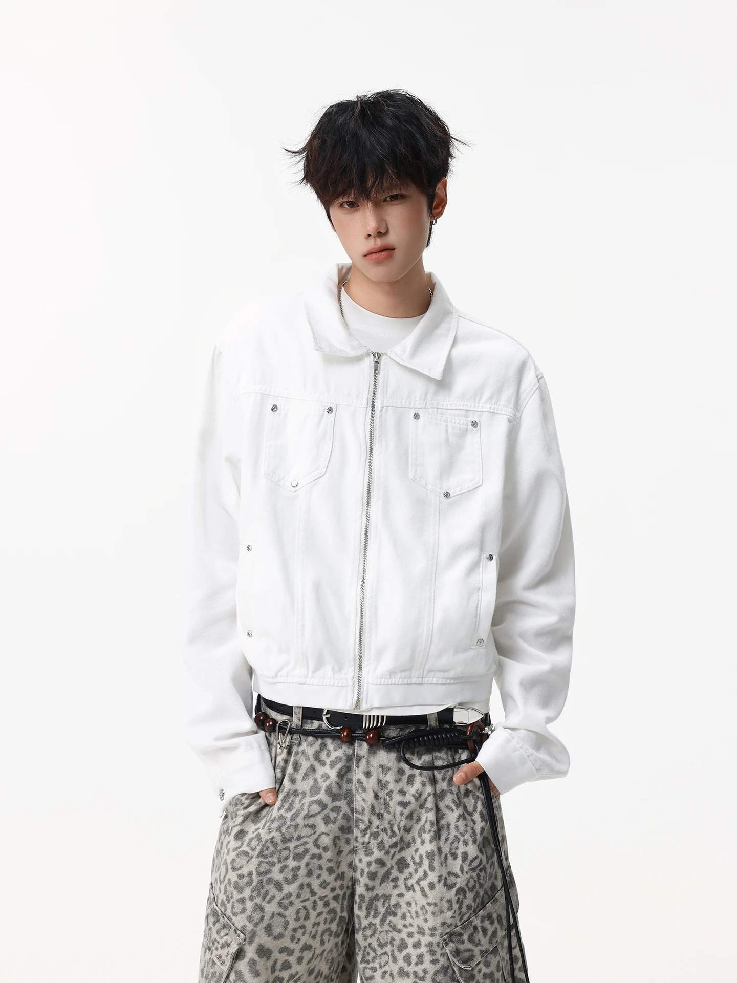 

Retro American White ort Jeans Jaet for Men Spring Autumn New Sle Loose Slimming Versatile Jaet Top for Teens