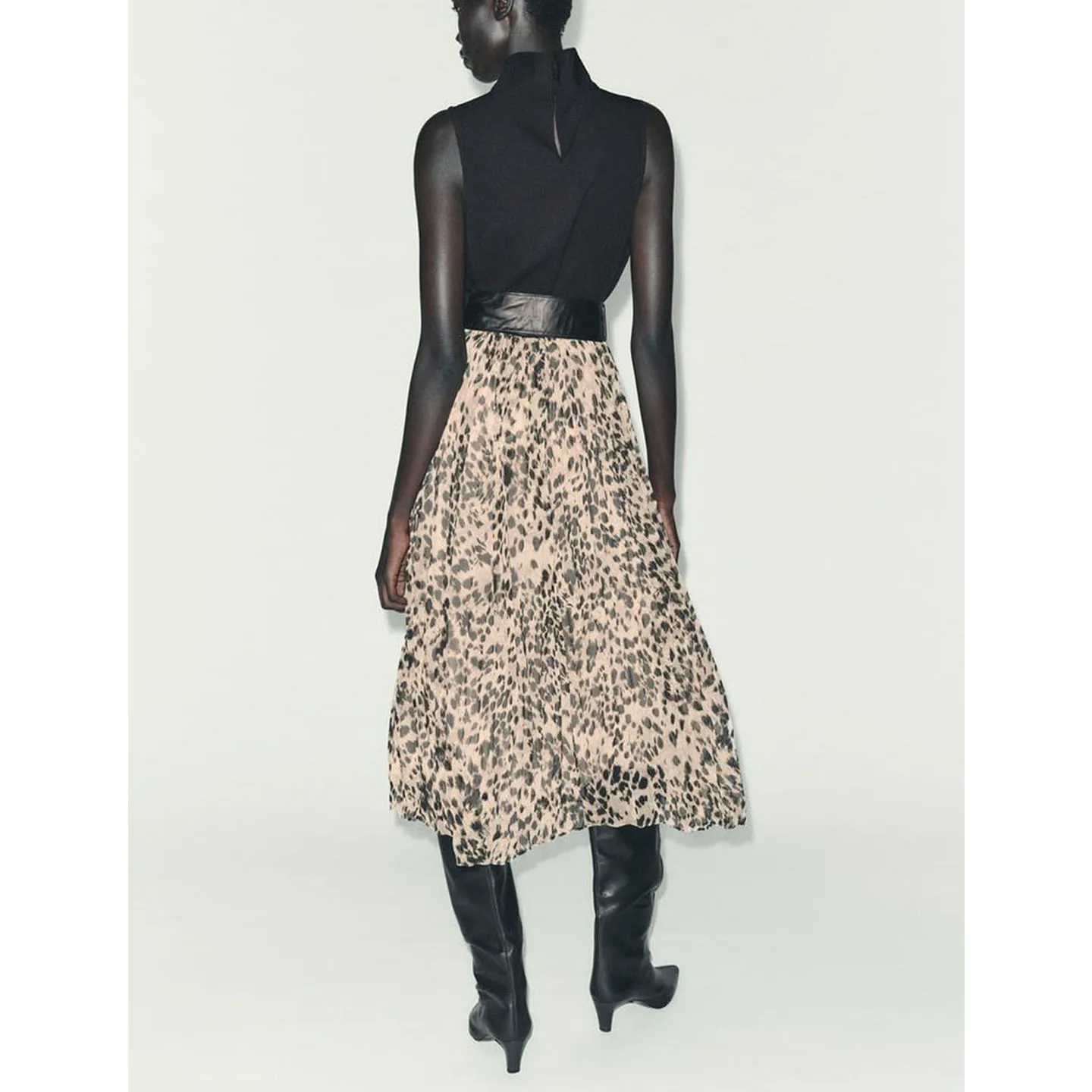 Outono feminino gola alta Svel estampa animal patchwork com cinto Midi Dr tecido de seda reunido versão X bola de ajuste solto...