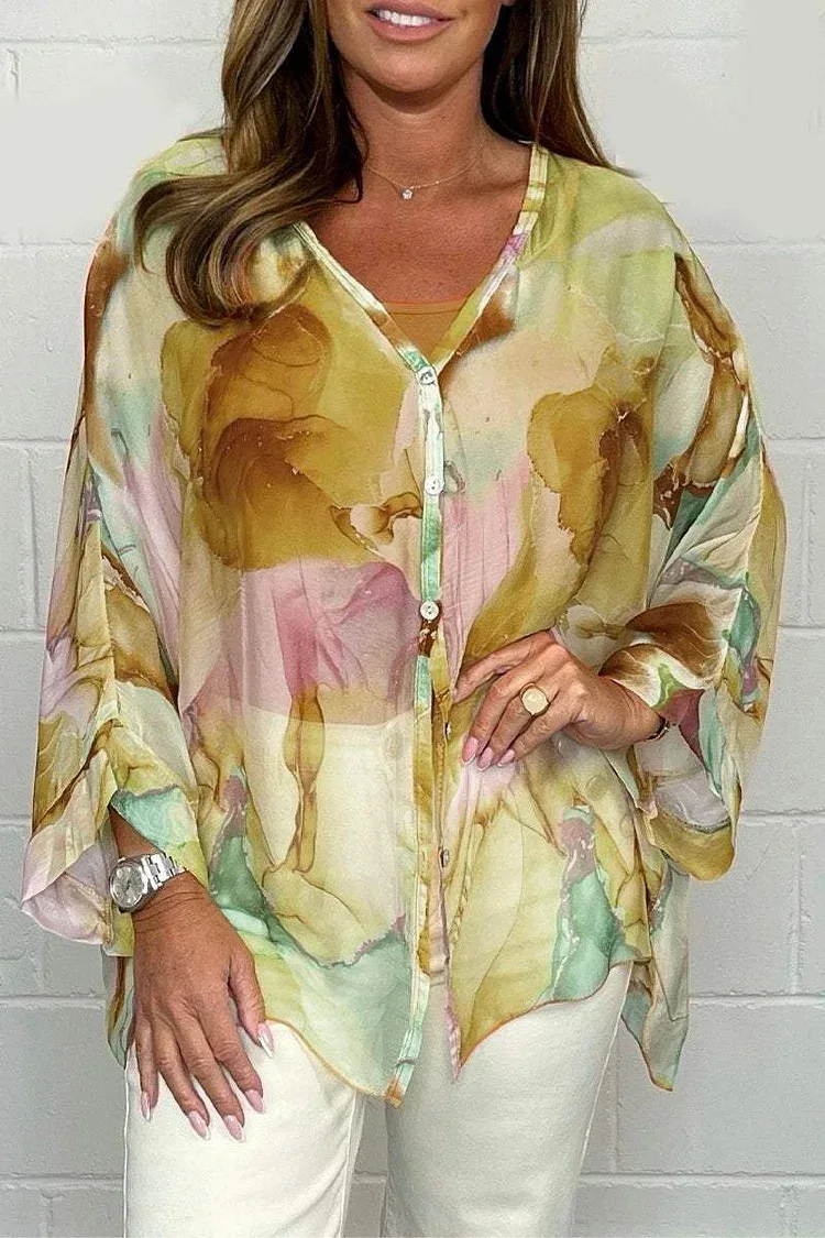 Losse Casual Tie Dye Print Side Split Shirt Voor Vrouwen Mode Elegante V-hals Dichtgeknoopt Chiffon Lange Mouwen Shirt 2024 Zomer nieuwe