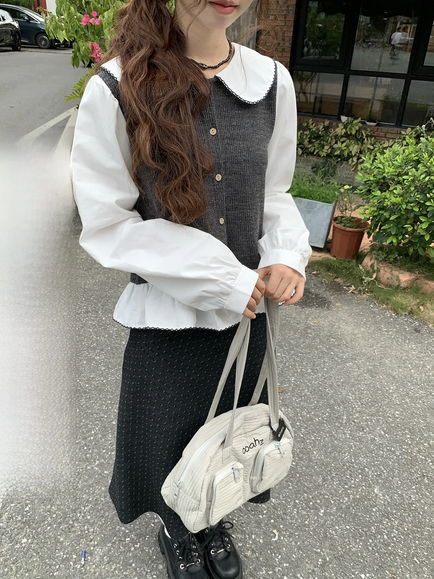 

Holli Korean Sle Doll Collar irt Patchwork Design Wood ain Versatile Top 2025 New Arrival Loose Fit Long Sve