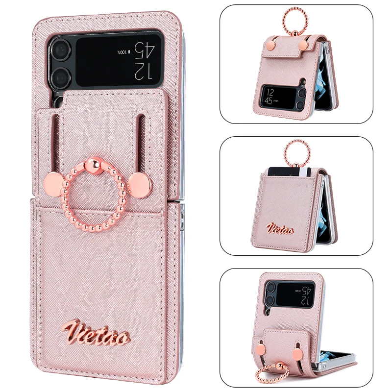 VIETAO Z Flip 3 Casing Ponsel dengan Tempat Cincin Jari, Penutup Ponsel Kulit PU untuk Galaxy Z Flip 3 dengan Slot Kartu, Emas Mawar