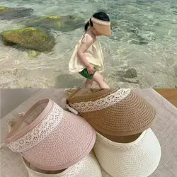 1 Piece Summer Sunshade Straw Peak Cap for Kids Girl Sweet Lace Bowknot Floral Hat for Little Girl Travel Photography Hat