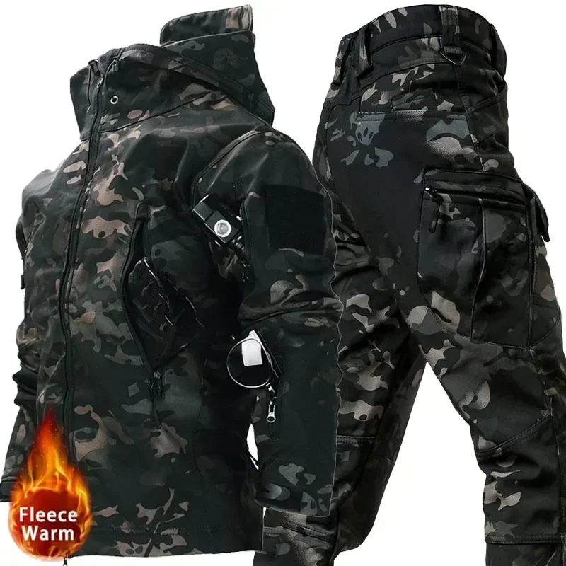 Winter Tactical Sets Men Multi-Pocket Hooded Jackets+Straight Cargo Pant 2 PCS Suits Camo Waterproof Windproof Tactical Set New