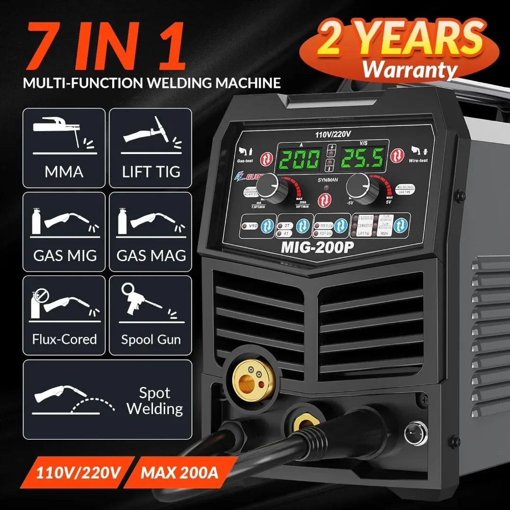 200A MIG Welder, 7 in 1 Gas MIG/MAG/Gasless Flux Core MIG/Lift TIG/Stick/Spot Welding/Spool Gun Multi-Process, Dual Voltage