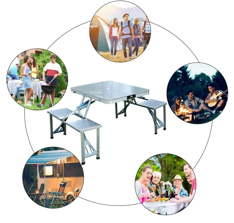 Aluminum Folding Picnic Table with 4 Seats Portable Camping Table with Bench Outdoor Suitcase Chair for BBQ Picnic Hiking