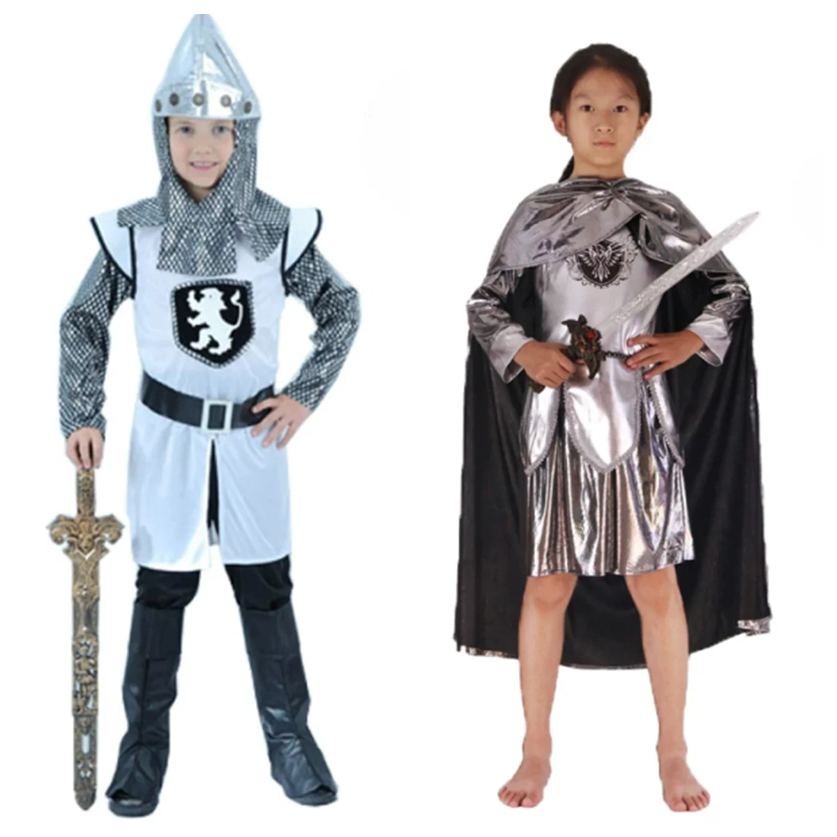 Kigurumi Kinder Silber Mittelalter Krieger Ritter Kostüm Karneval Halloween Party Maskerade Rollenspiel Kleidung Set für Kinder
