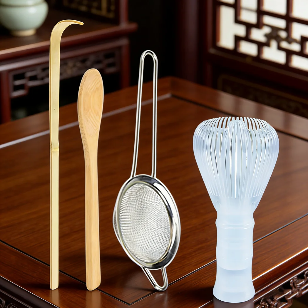 Juego de 4 Utensilios para Matcha: Batidor de Plástico, Colador de Té, Cuchara, Tamiz, Kit de Inicio para Ceremonia del Té Matcha