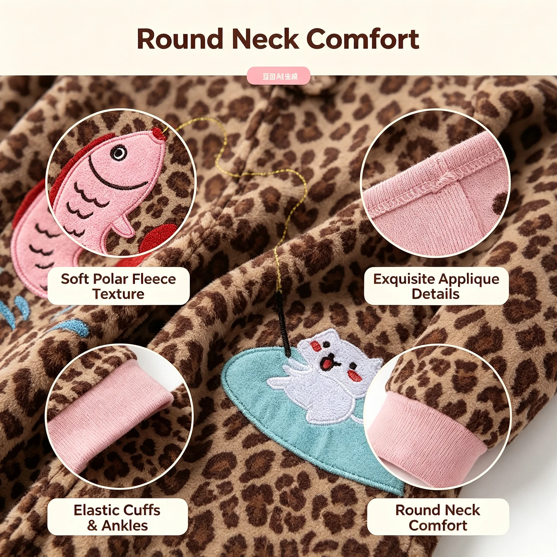 Polar Fleece Baby Footless Romper Long Sleeve Zipper Jumpsuit Leopard Print Cat Fish Embroidery Unisex Infant Outfit 6-24M