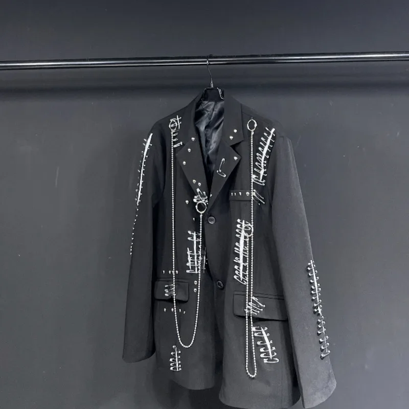 WVGA خريف شتاء جديد رجل المد دمرت المعادن الشرير برشام سلسلة روك البدلة معطف المتخصصة شيك عادية كم طويل السترة Ins W14182