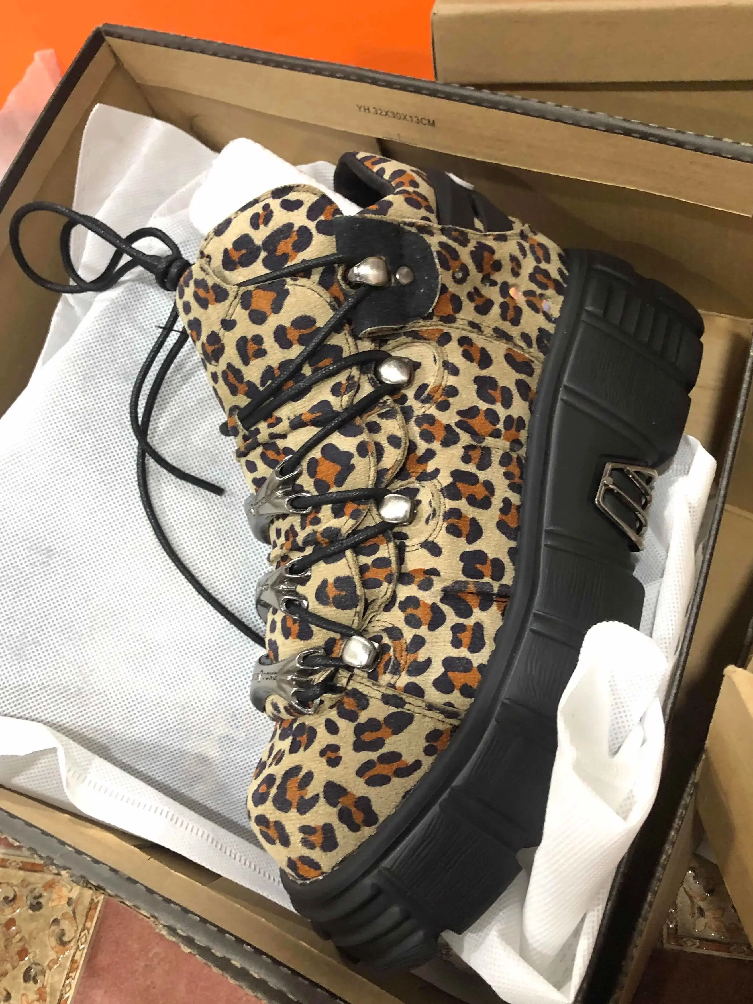 Platform Leopard Print Lace Up Shoes 2024 New Casual Punk Round Toe Fashion Women 35-45 Short Boot