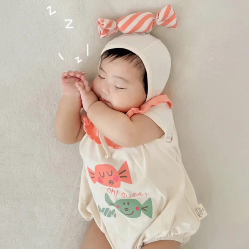 2pcs Funny Candy Newborn Baby Girl Clothes Summer Lovely one-Piece Baby Boy Bodysuits Infant Cotton Short Jumpsuit  with Hat