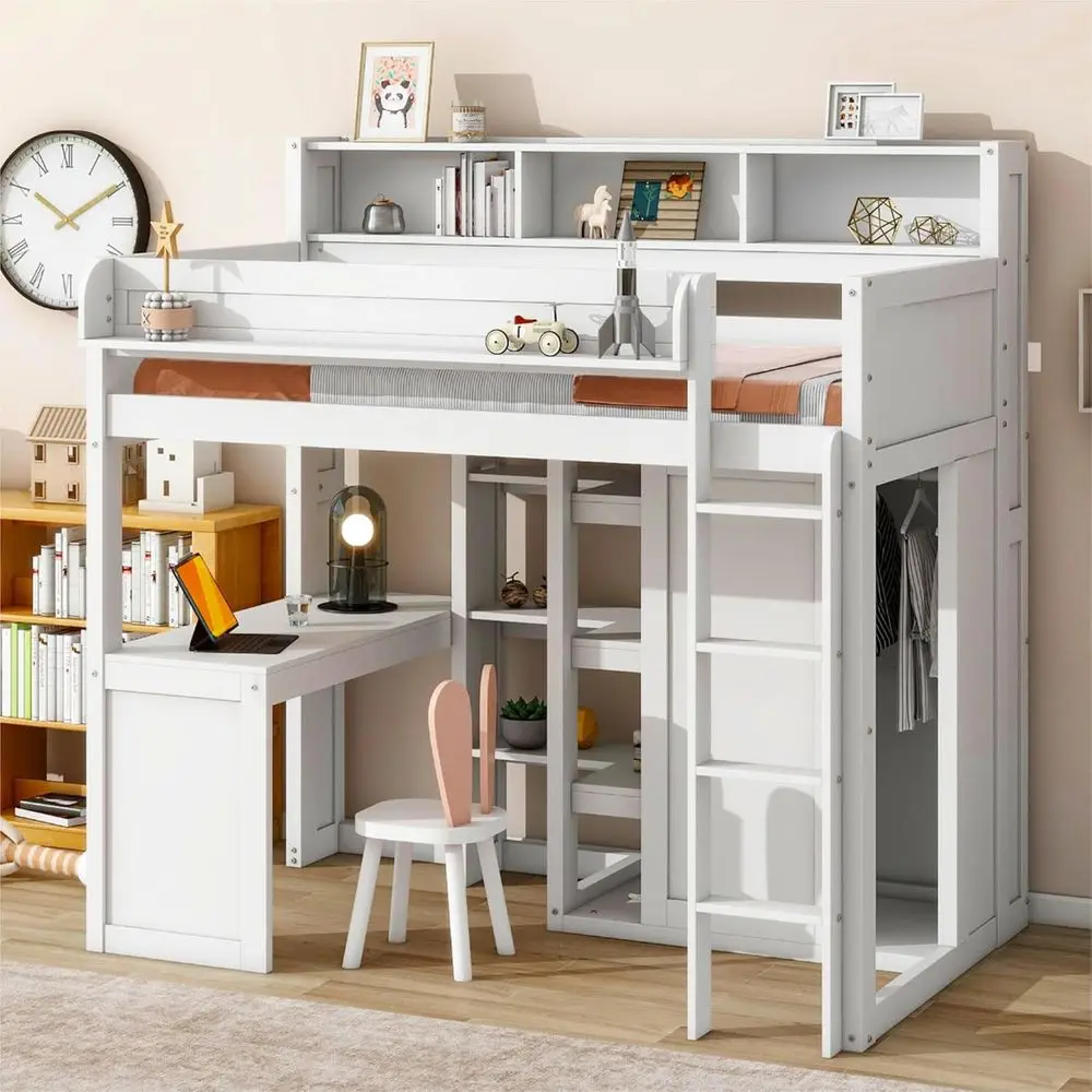 

Twin Size Wooden Loft Bed with Integrated Desk, Storage Shelves, and Wardrobe