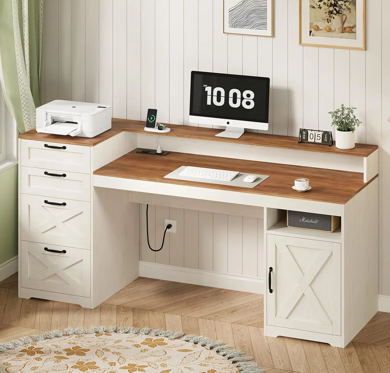 

Farmhouse Computer Desk with 4 Drawers, 63" Executive Desk with Printer Shelf, Monitor Stand, Home Office Desks, Customized