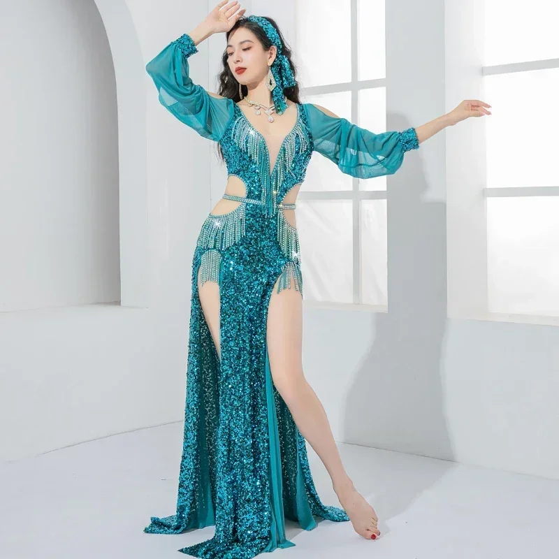 

Oriental Dance Competition Clothing Belly Dance Performance Costume for Women Luxury Sequin AB Stones Fringe Dress Adult