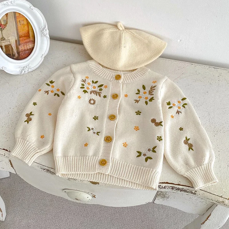 Infant Baby Girls Flower Embroidery Knitted Cardigan Coat Spring Autumn Newborn Kids Baby Girls Long Sleeves Cardigan Coat 0-3Y