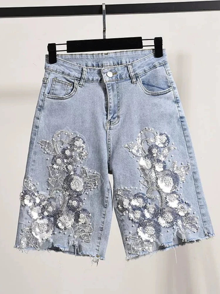 

Jeans Shorts Trendy Heavy Light Color Embroidery High Waist Raw Hem For Women Summer New Five Point Wide Leg Elegant Pants