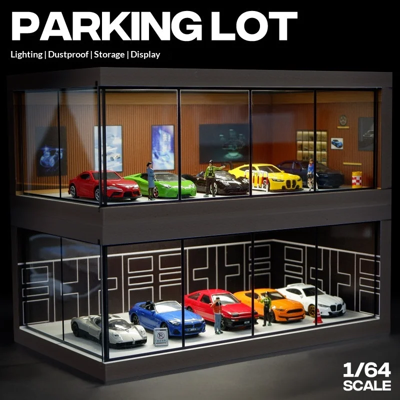 

1:64 Scale Led Lighted Parking Garage Model Dustproof Display Storage Case For Tomica Diecast Toy Cars Collectible Scene Diorama