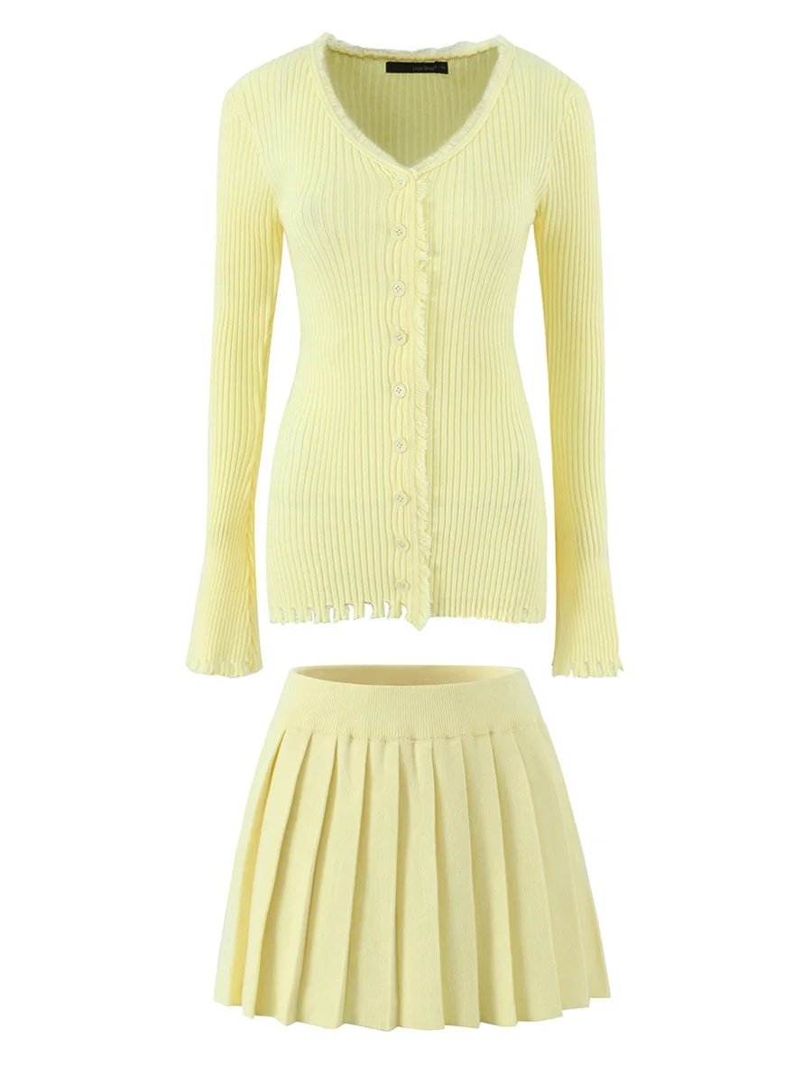 Retro Knitted High Waist  Skirt Set V-Ne Slimming Open Cardigan Winter Faion Women's Two-Piece Ensemble European Sle