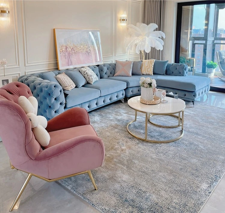 

American light luxury living room sofa curved buckle concubine corner fabric combination simple pink Internet celebrity creative