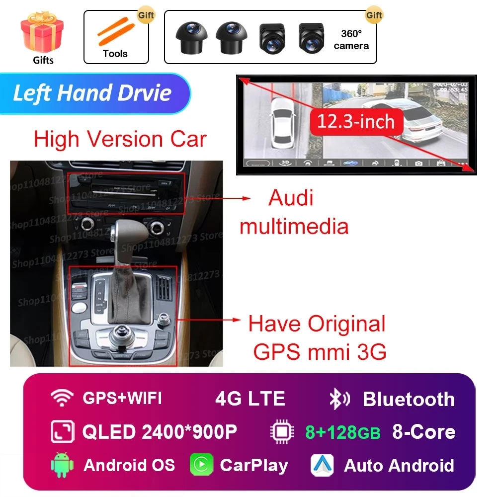 Linkerhand Drvie voor Audi A4 B8 A5 2009-2016 Autoradio Videospeler Android 16 Carplay Navigatie GPS 4G HD Touchscreen