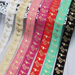 5/8'' 15mm Gold Hawaii Flamingo Coconut Tree Printed FOE Fold Over Elastic Ribbon For DIY Accessories Hair Tie Sewing Trim