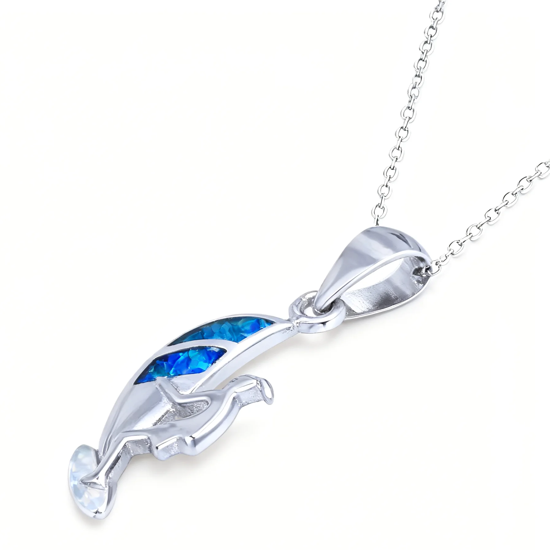 Silver Color Pendant Necklace with Windsurfer Kitesurfer Charm and Blue Opal Stone, Nautical Sports Jewelry Gift for Men Women