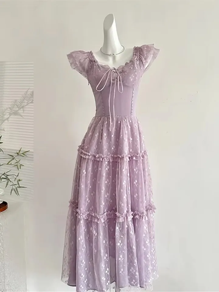 French Style Temperment V-neck Dresses Women Purple Romantic Fairy