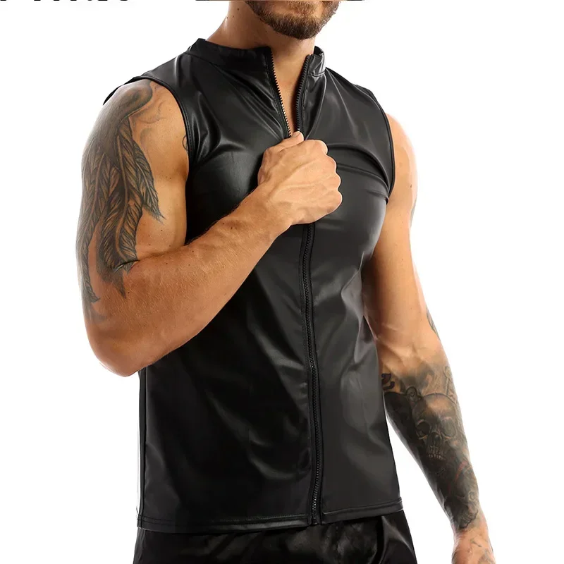 Men's Black Matte Faux Latex Sleeveless Leather Vest Male Chic Front Zip Open PU Tank Top New Casual Entertainment Summer Custom