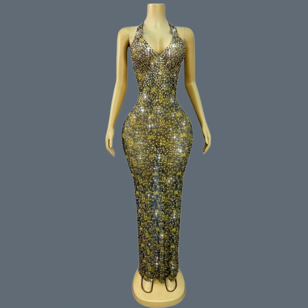 

High-end Gold Rhinestone Deep V Neck Mermaid Long Dresses Sexy Women Sheer Mesh Birthday Celebrate Party Evening Gown Baiyelin