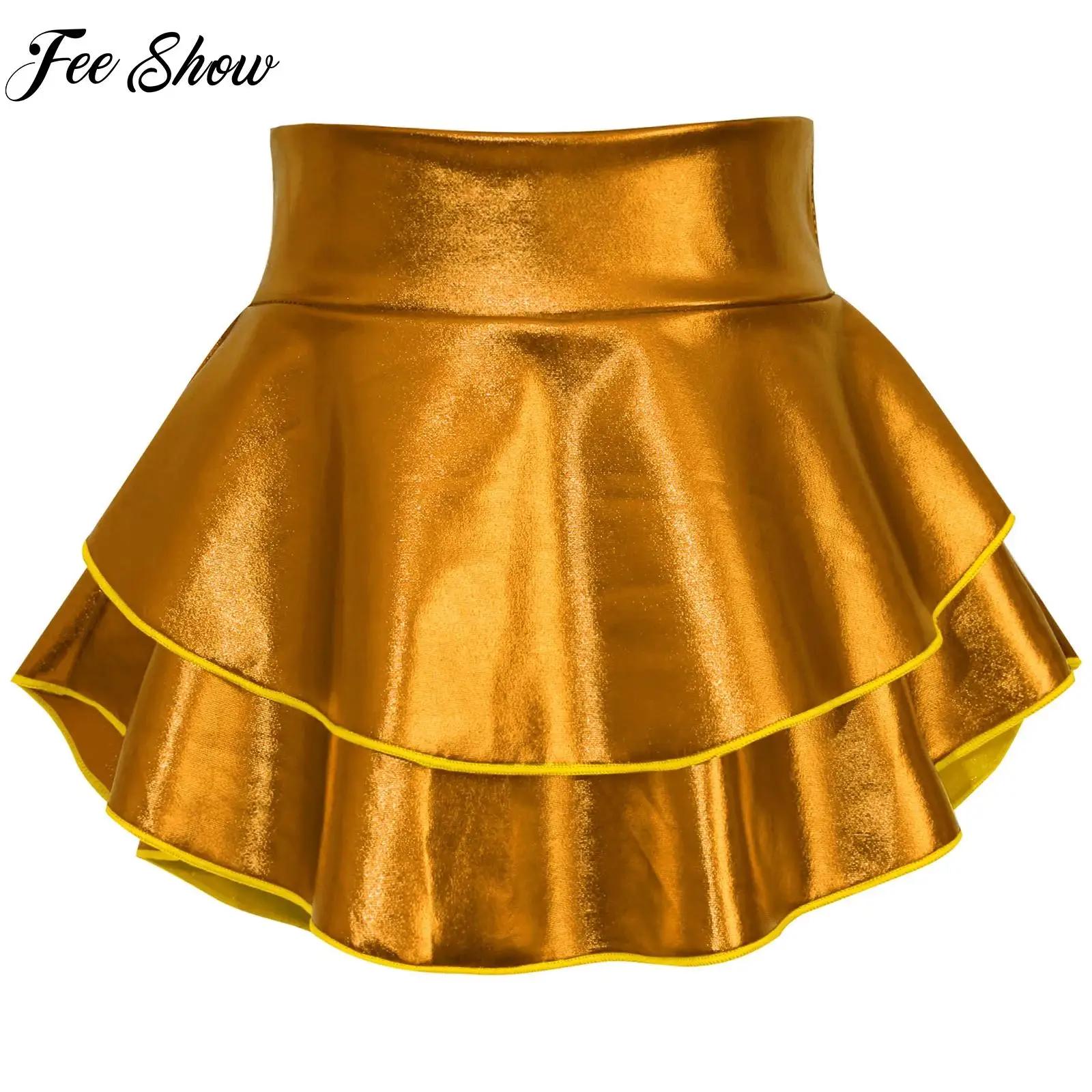 Kids Girls Metallic Jazz Disco Dance Skirt High Waist Double-layer Ruffled Skirt Streetwear for Hip Hop Dance Stage Performance