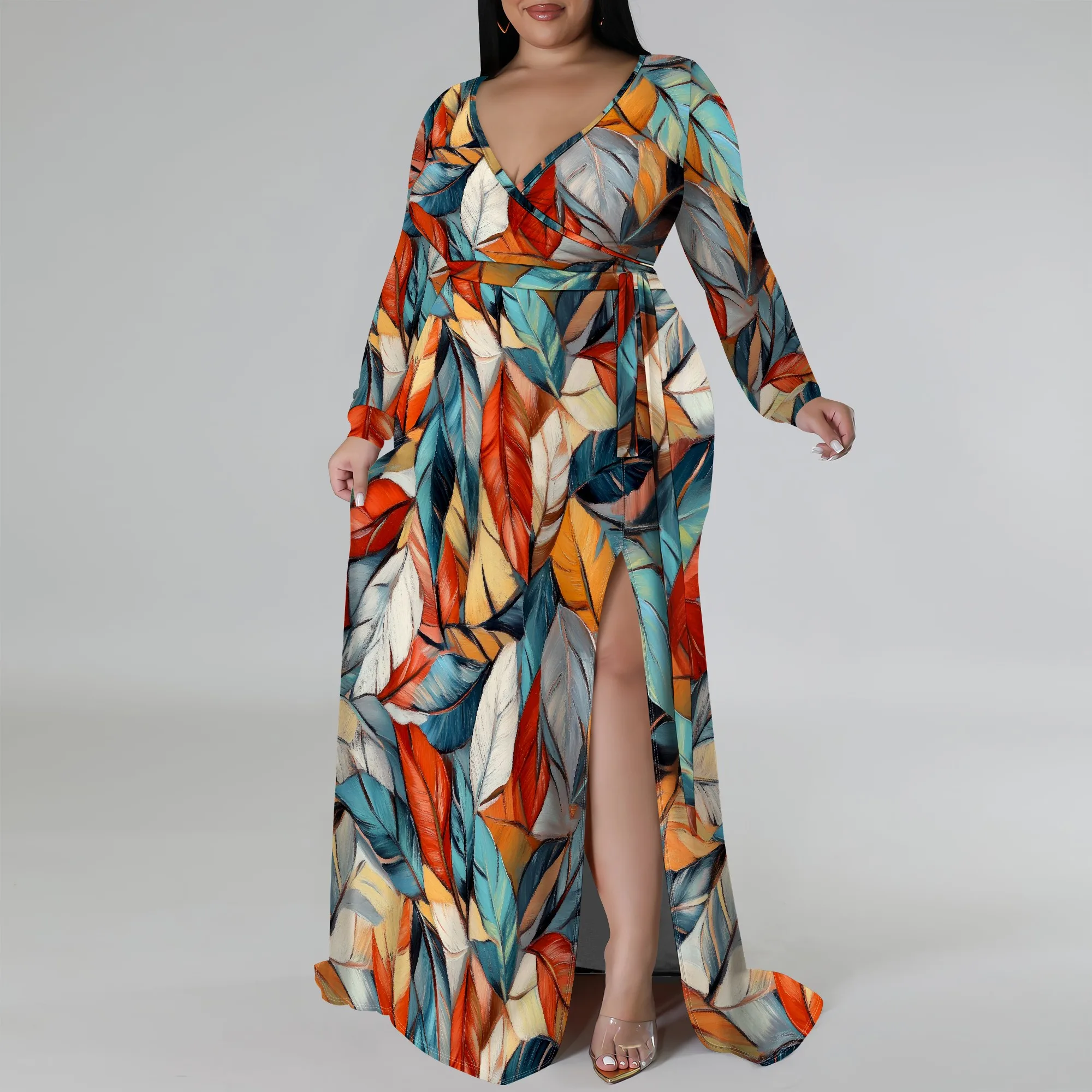 

EQQZD Long Sleeve V-neck One-Side Slit Dress, Plus Size Colorful Feather Printed Maxi Dress, Summer Casual Dress