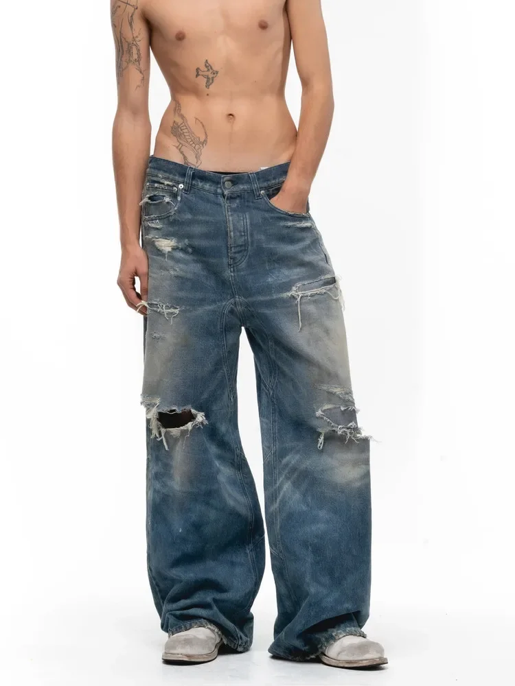 No/faith Studios Ragged Ripped Dirty Pants Washed Blue Wide Leg Scimitar Baggy Jeans